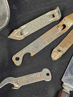 VINTAGE Lucky Lager , Olympia, Effinger Beer openers plus other latware