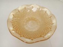 10.5" Carnival Marigold Glass bowl with Quilted Diamond Pattern and ruffled edge