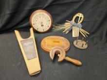 WOODEN GROUPING including Boot Puller, Early Clamp, wall clock