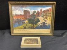 Pair of Framed Pieces including Nuremberg, Germany, likely a block print from the 18th century.