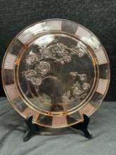 1930s Pink Depression Glass Footed Cake Plate Cabbage Rose pattern, Federal Glass