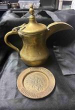 Vintage Brass Middle Eastern Islamic Dallah Coffee Pot and Stone Mountain Brass Disk