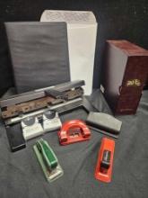 Vintage/newer office supplies including cute small staplers and hole punches