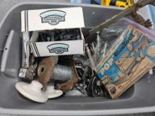 Tote OF TOOL GOODS - Pop Rivet Tool, WELDERS CLAMPS, GALVANIZED CARRIAGE BOLTS, ELECTRIC FENCE WIRE