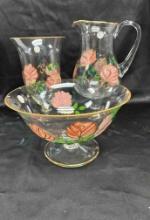 3pc Set Romania Crystal Clear Pitcher Bowl Vase Handcrafted Flowers Gold Trim