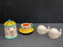 Cute Clay Art, Anthro, Coffee Pot, Whales, Salt and Pepper Shakers