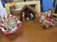 Holiday Decor: Homco Ceramic Elf and Snowman Couple, Creche with Nativity and More