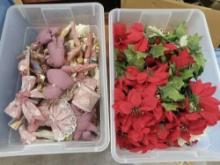 2 Small Totes of Holiday Decor including Poinsettia and Pink and Ivory Pearl Style