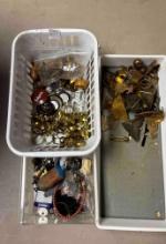 Small Bins of Vintage Hardware including Mini Furniture casters, knobs, Molded Metal Corner covers,