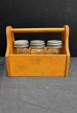 Triple Small Mason Jars in Wooden Caddy Decor