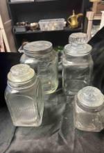 (4) Glass Canisters including Hoosier & Hoosier Sneath Glass Tea Canister Jar