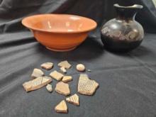 1994 JIM HARKNESS Pottery Bowl, with broken vase of pottery remnants