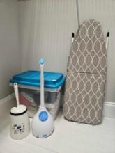 Tote of - Racey Cooks Apron, kitchen towels and hot pads, folding storable petite ironing board,