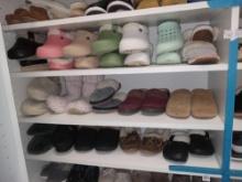 (3) Closet Shelves of Ladies' Shoes including Comfy Chay Chax, Minnetonka, Crock-style, Faux Fur