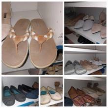 2 shelves of Ladies' Shoes: Flats, Slkip-ons, Sandals, Including Sperry & Multi Color Huaraches