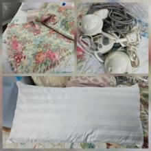 Vintage Throw, KING pillows and comforter in space bag, blankets, bag of electric plugs