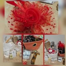 KENTUCKY DERBY STYLE HAIR HATCLIP, BIN OF HAIR CLIPS, AND TONS OF HOTEL TOILETRIES.