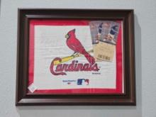 Framed St Louis Cardinals memorabilia with Towel and NLDS tickets