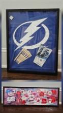 Framed Tampa Bay Lightning memorabilia including shirt and tickets and History of Canadian Hockey