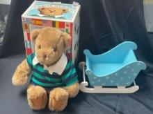 VINTAGE LANDS END AUTHENTIC RUGBY BEAR, SLEIGH