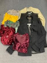 Grouping of ladies dressy shirts, jackets, boys FUBU dress coat, suede vest