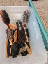 TOTE OF HAIR AND SHOE BRUSHES INCLUDING VIBTAGE HORSEHAIR, BOAR BRISTLE