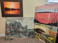 Old vintage print on canvas, photo sunset, and 2 oil paintings