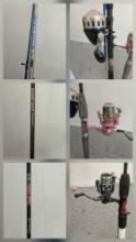 3 Complete rod and reel sets including shakespeare ugly stick, hawk grip, and boss hog