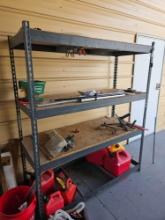 4 shelf, storage rack with contents of shelves