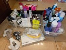 Bathroom toiletries, including Stethoscope, hair products, and bathroom gripper bar