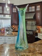 Tall 20 in. Vintage MCM Green/Blue Murano Sommerso Style Twisted Glass Vase