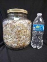 No 6 Large Duraglass Jar filled with numerous cream-colored buttons, likely antique bone or shell