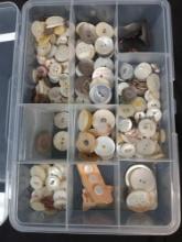 Tray of Vintage mother-of-pearl buttons, likely carved shell buttons