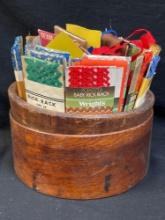 Vintage, Antique? Wooden Hat Box, Bucket, Bowl, Storage filled with sewing Trim and Rick Rack