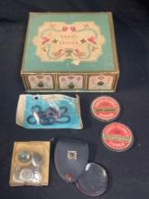 Vintage sewing including YANKY CLOVER box, and GLASS POCKET LOUPE, MORE