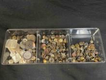 vintage and antique buttons, organized in a clear, segmented container: Mother-of-Pearl, Metal, etc