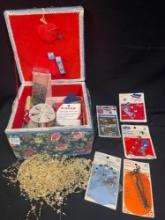 VINTAGE COUNTRY FLORAL SEWING BOX WITH CONTENTS