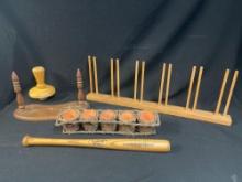 Wood Group including Louisville Slugger Mini Bat, and Drying Rack