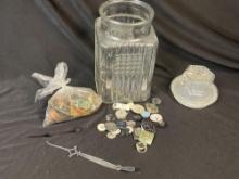 Collection of watch and clock pieces in Vintage glass canister