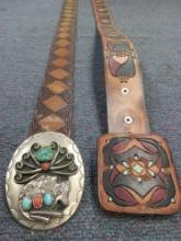 Large Vintage Navajo Indian Silver Indian Head Belt Buckle WITH LEATEHR TOOLED BELT AND BUCKLE
