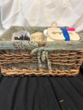 Basket containing various items, with a focus on crafts or creative activities, Large Wooden Letters
