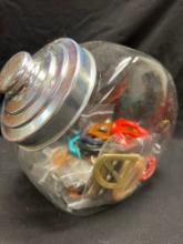 Vintage Glass Tilted Jar with Collection of Vintage Art Deco and more Colorful Belt Buckles and