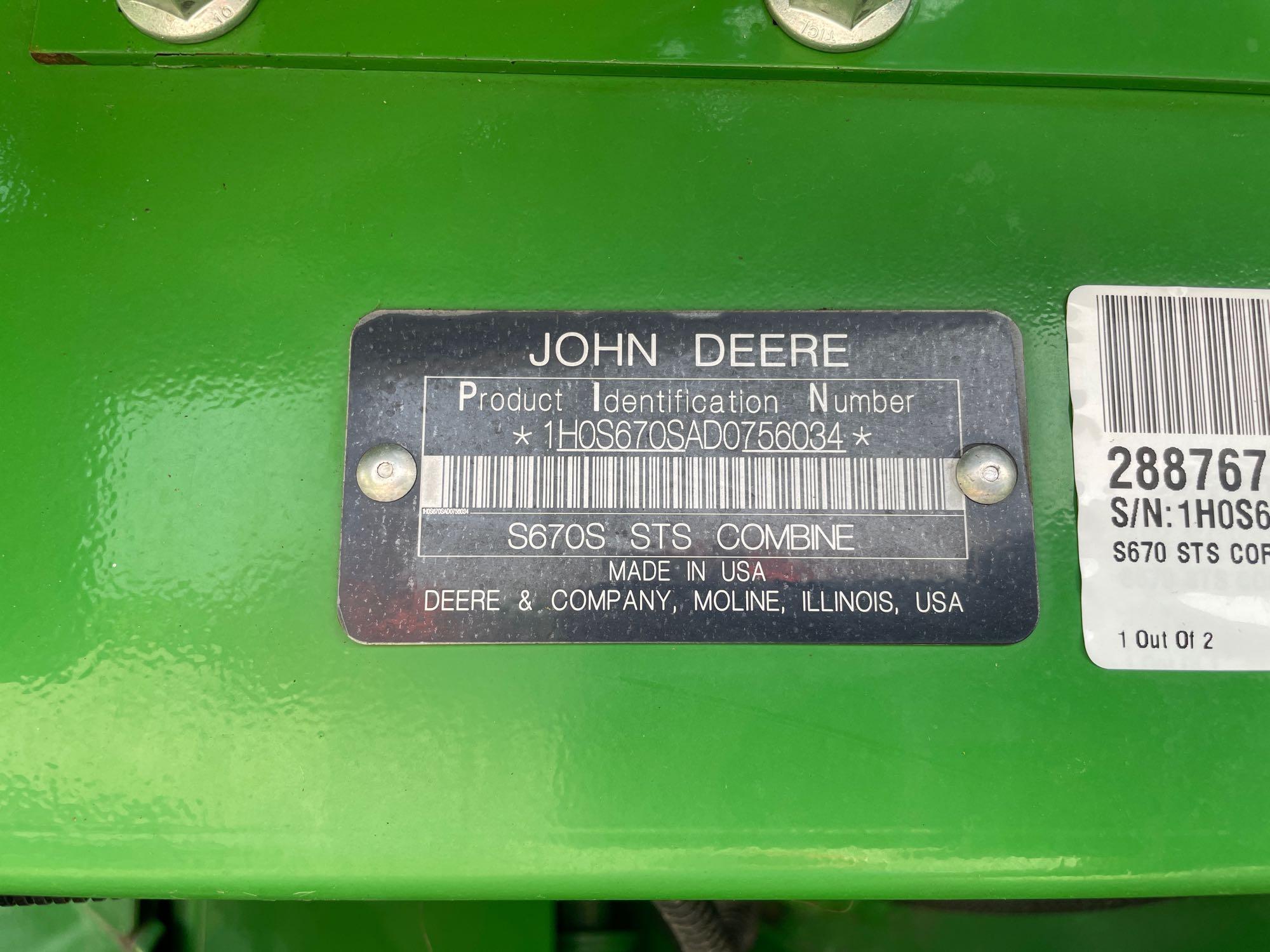 S670 JOHN DEERE COMBINE, 2013 YR.