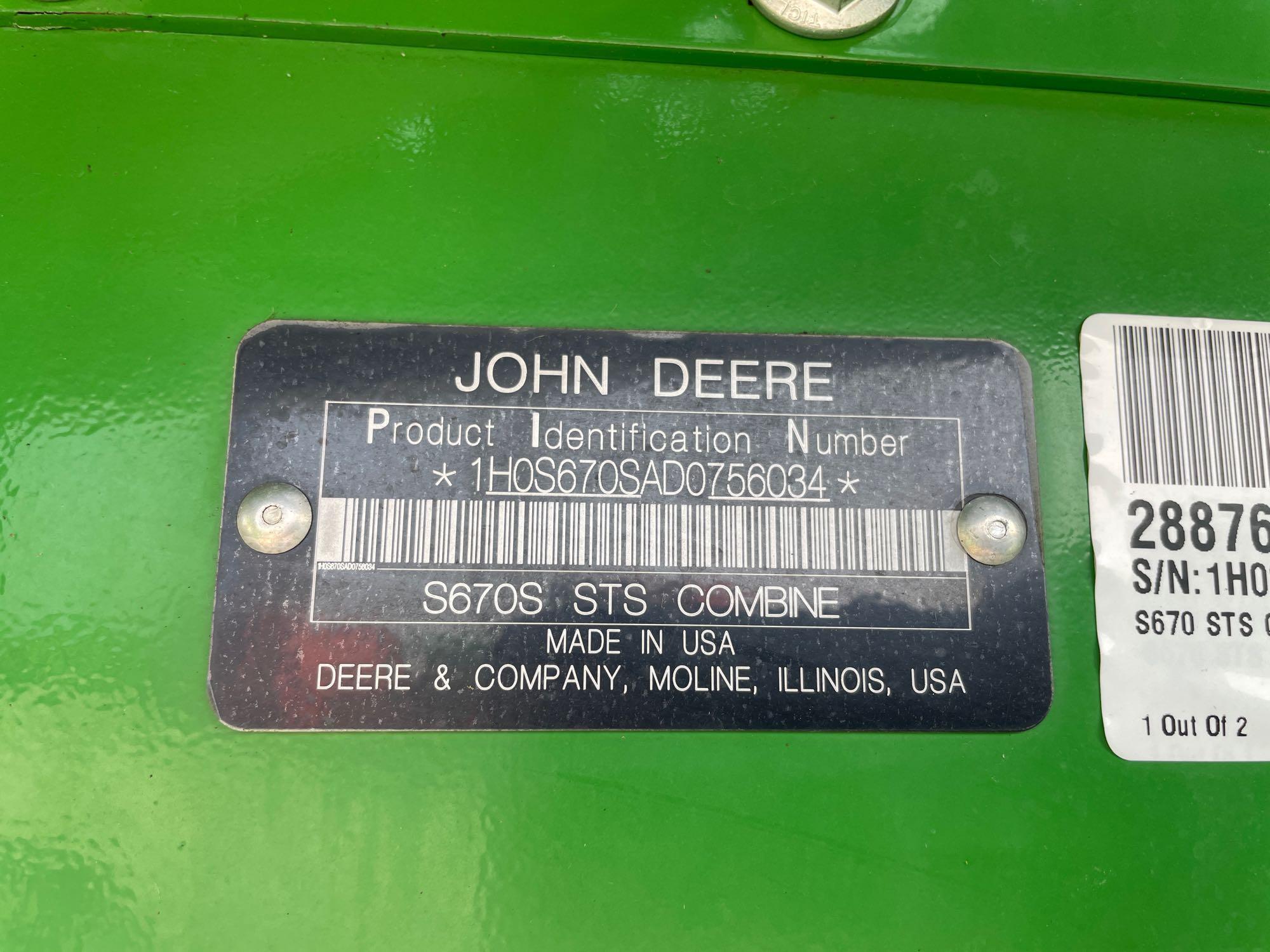 S670 JOHN DEERE COMBINE, 2013 YR.