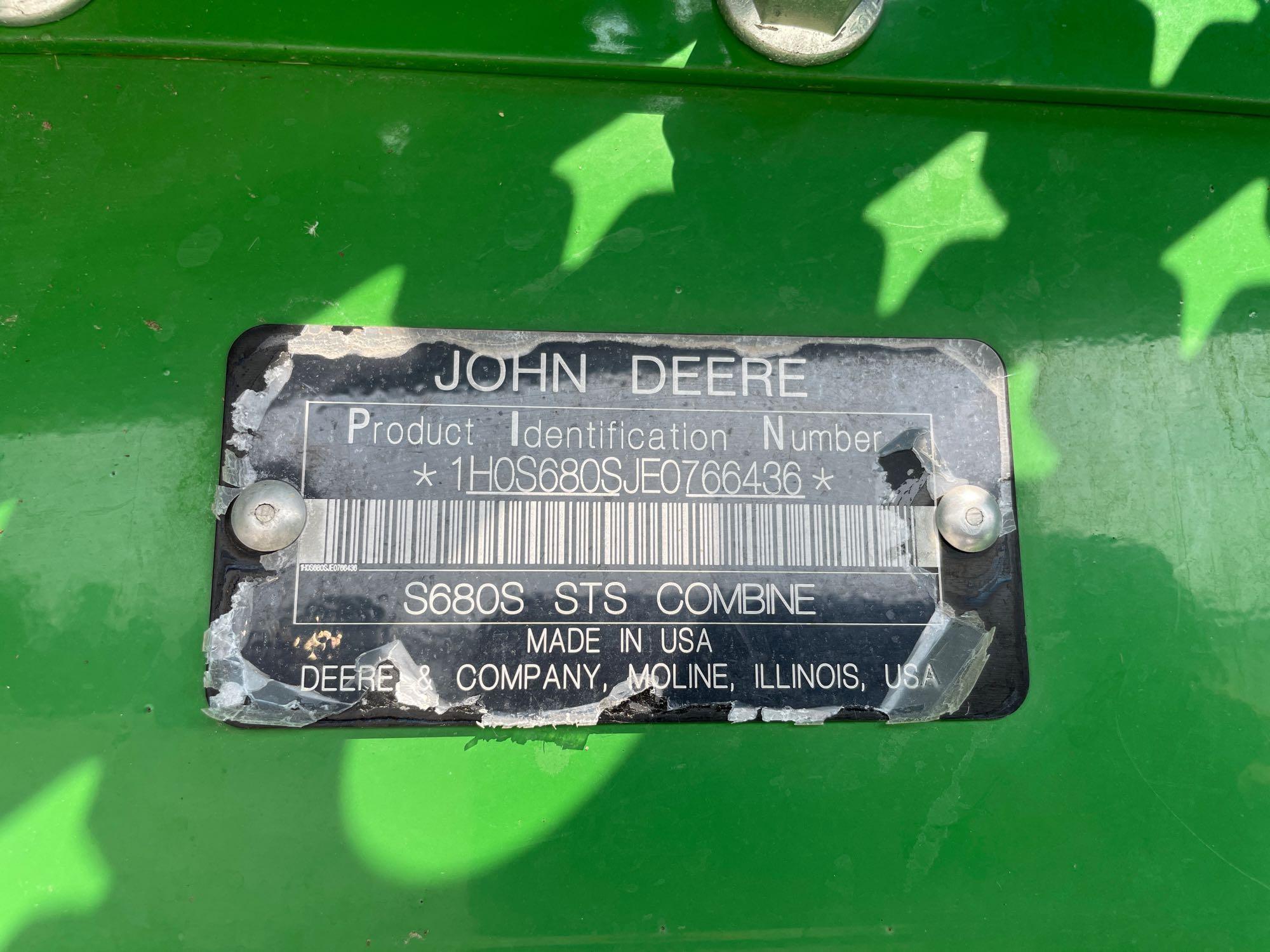 S680 JOHN DEERE COMBINE, 2014 YR.
