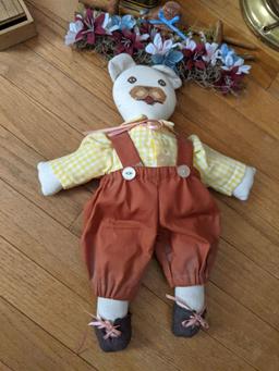 Tins of Sewing Notions, Dolls, Framed Verse, Decorations and Table Lamp