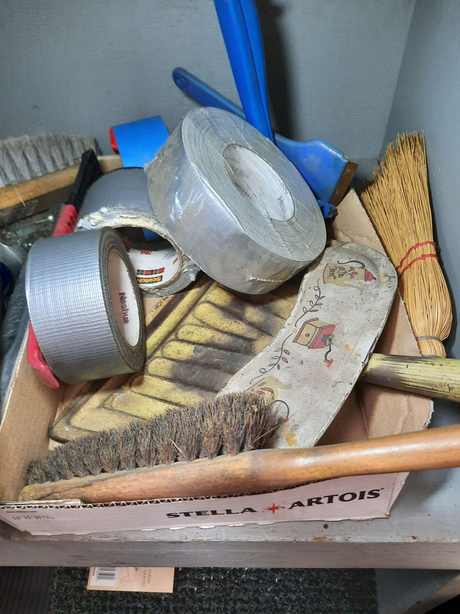 Shelf Contents Including Grease Guns, C Clamp, Air Gauge, Tape, Brushes, Etc.