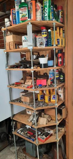 Contents of 7 Shelves- Tools, Wheel Balance Weights, Sprays, Waxes, Etc.