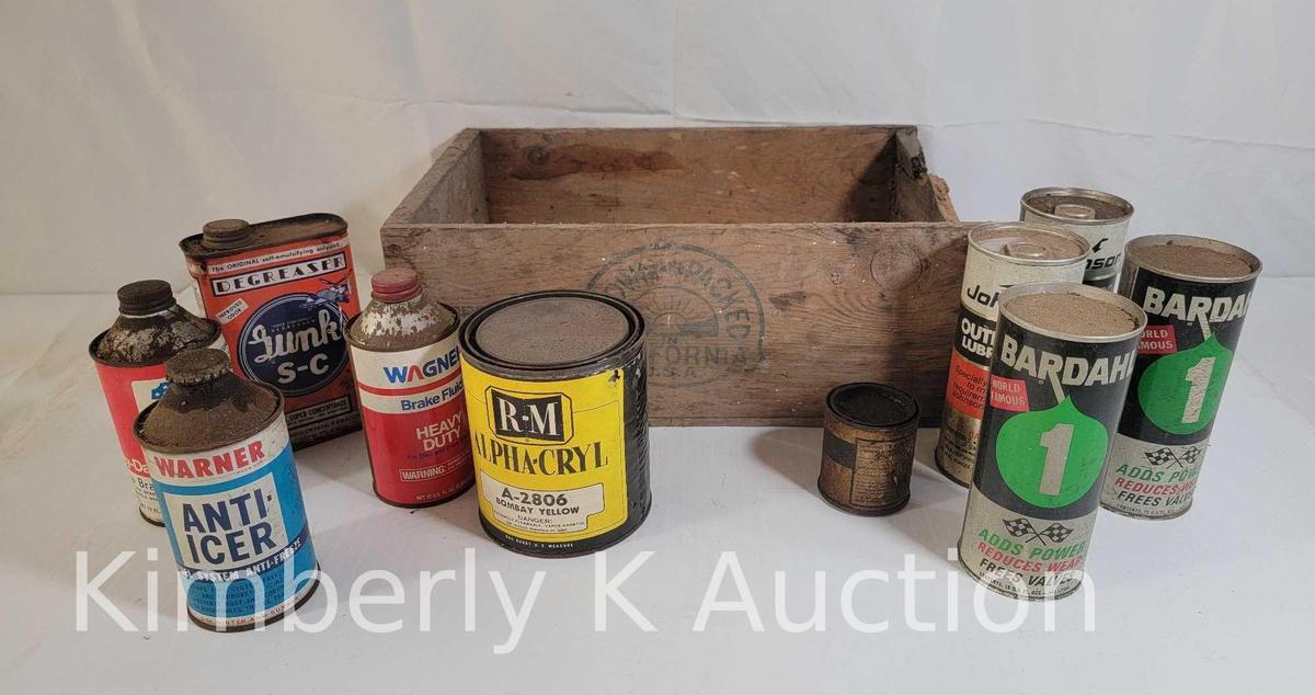 Vintage Advertising, Containers: Anti-Icer, Degreaser, Brake Fluid, Lubricants and Wooden Crate