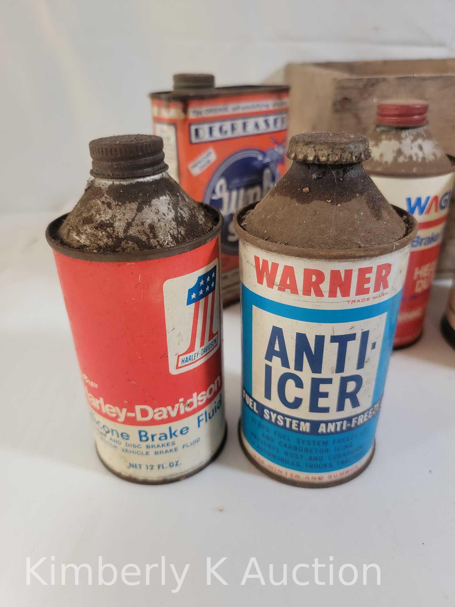 Vintage Advertising, Containers: Anti-Icer, Degreaser, Brake Fluid, Lubricants and Wooden Crate